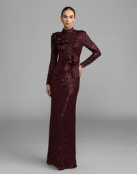 Mac Duggal #37157 mahogany long sleeve sequin gown with flowers