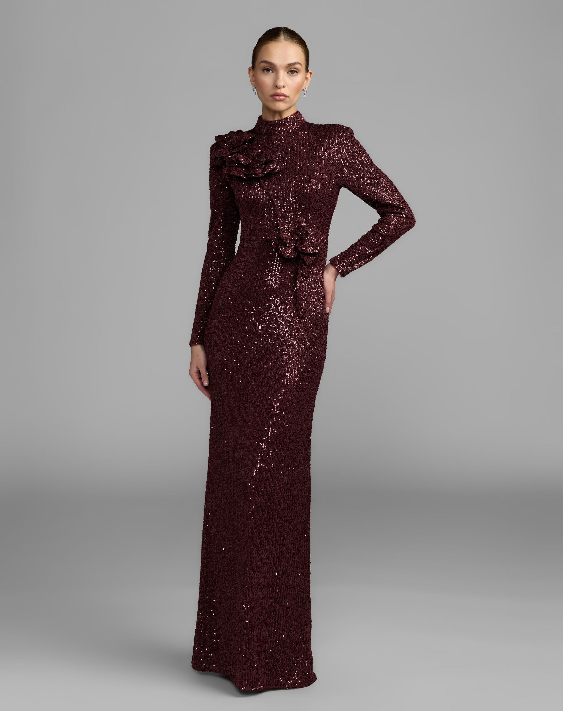 Mac Duggal #37157 mahogany long sleeve sequin gown with flowers