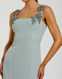 Mac Duggal Green Sleeveless Midi Dress With Floral Embellishments #11948