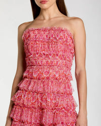 Pink Multi Printed Mesh Ruffle Strapless Midi Dress