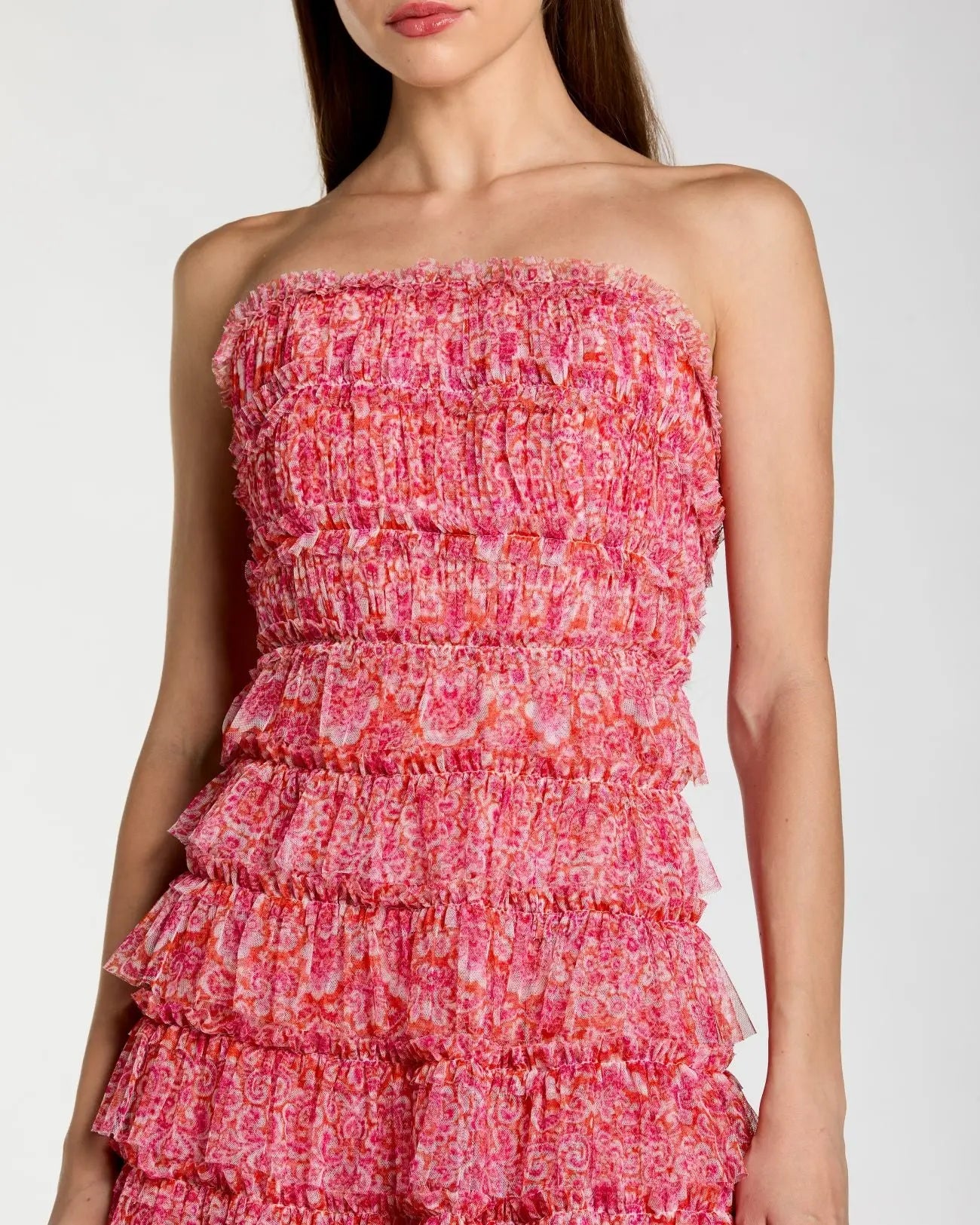 Pink Multi Printed Mesh Ruffle Strapless Midi Dress
