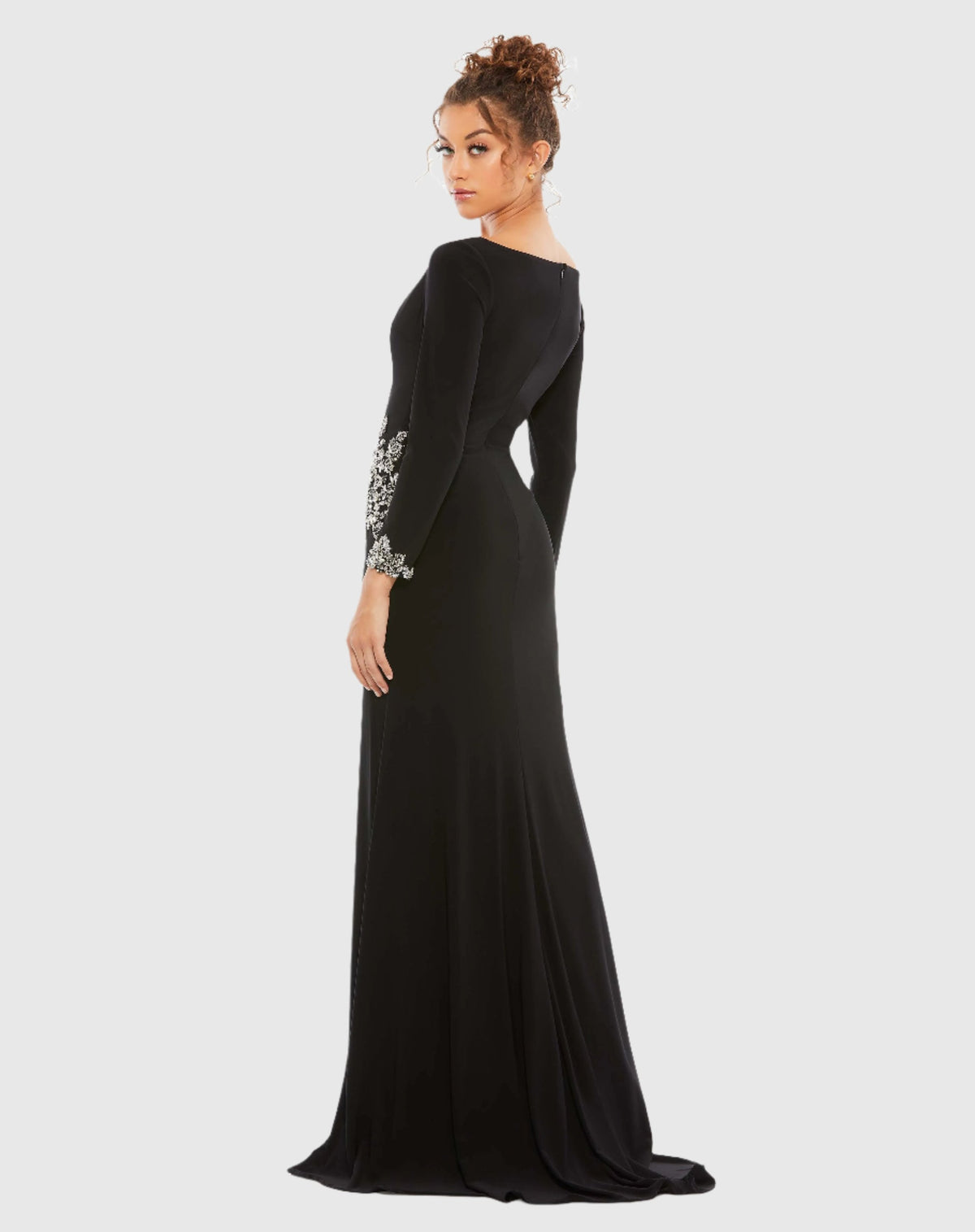 Floral Embellished Faux Wrap Jersey Gown - Black