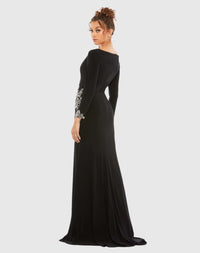 Floral Embellished Faux Wrap Jersey Gown - Black