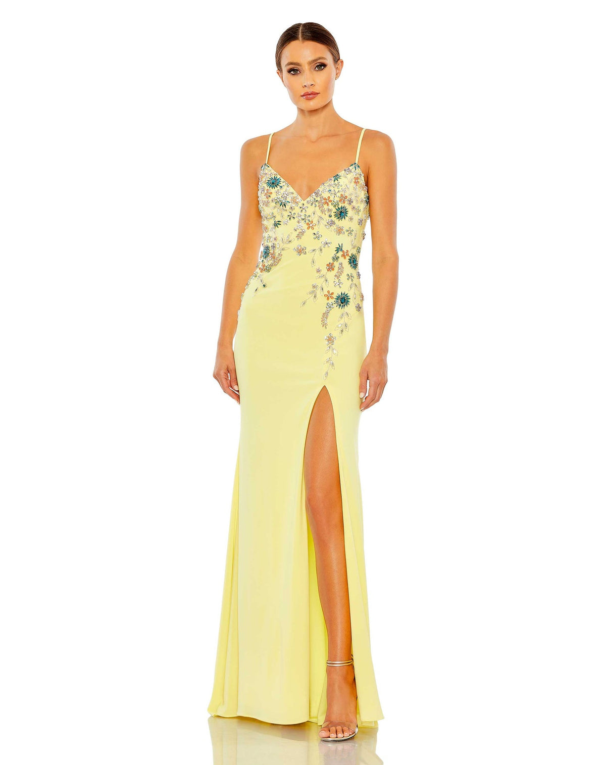mac duggal, MULTI COLOR BEADED FLORAL CAMI GOWN, Style #42006 yellow