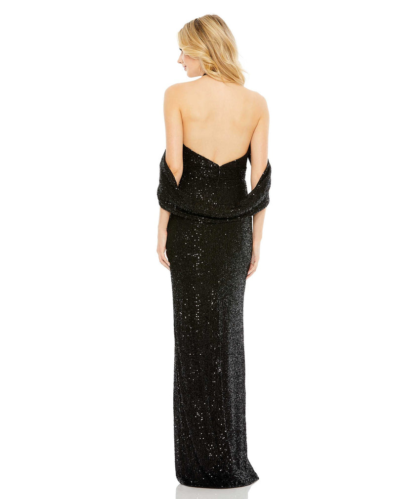 Mac Duggal Style # 42021 Sequin draped sleeve keyhole cowl back gown - Black back view