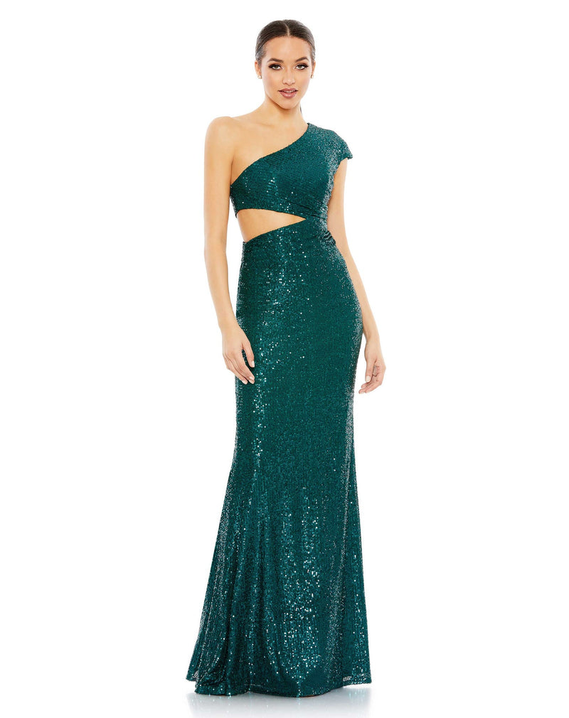 MAC DUGGAL SEQUINED ONE SHOULDER CAP SLEEVE CUT OUT GOWN