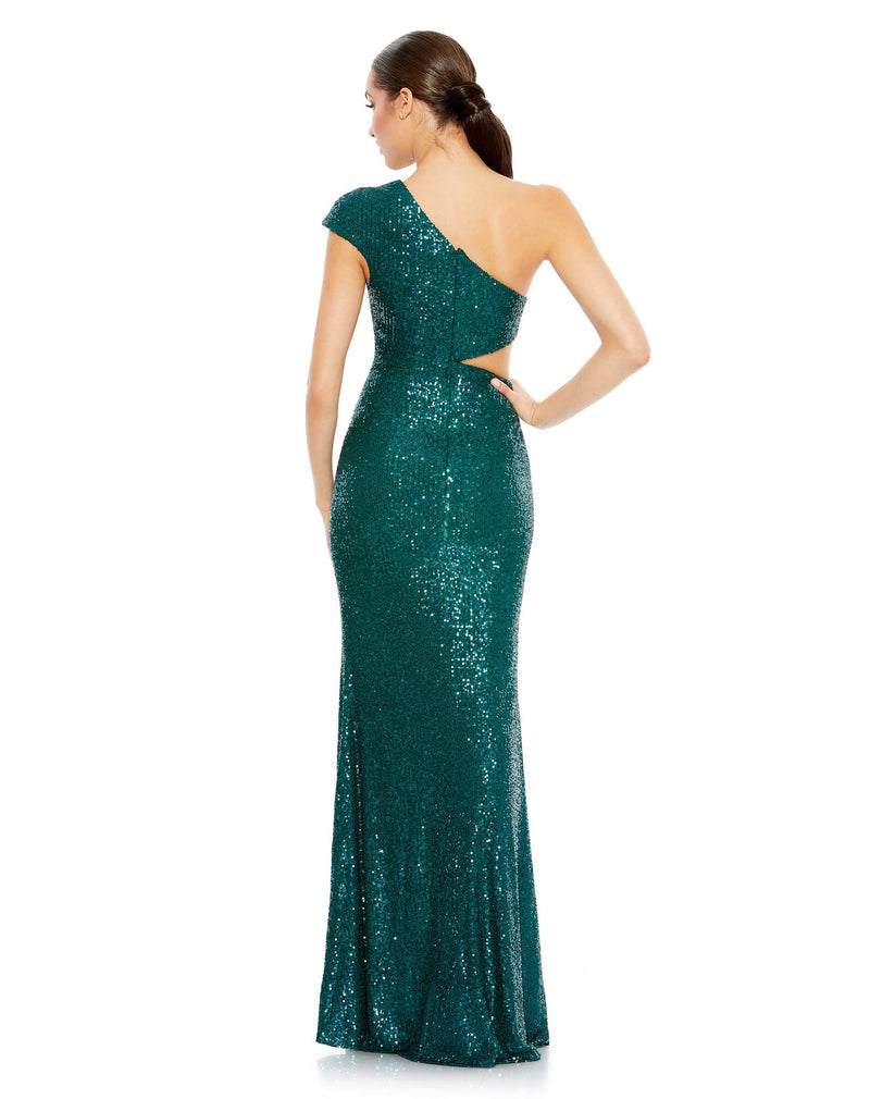 SEQUINED ONE SHOULDER CAP SLEEVE CUT OUT GOWN BACK VIEW