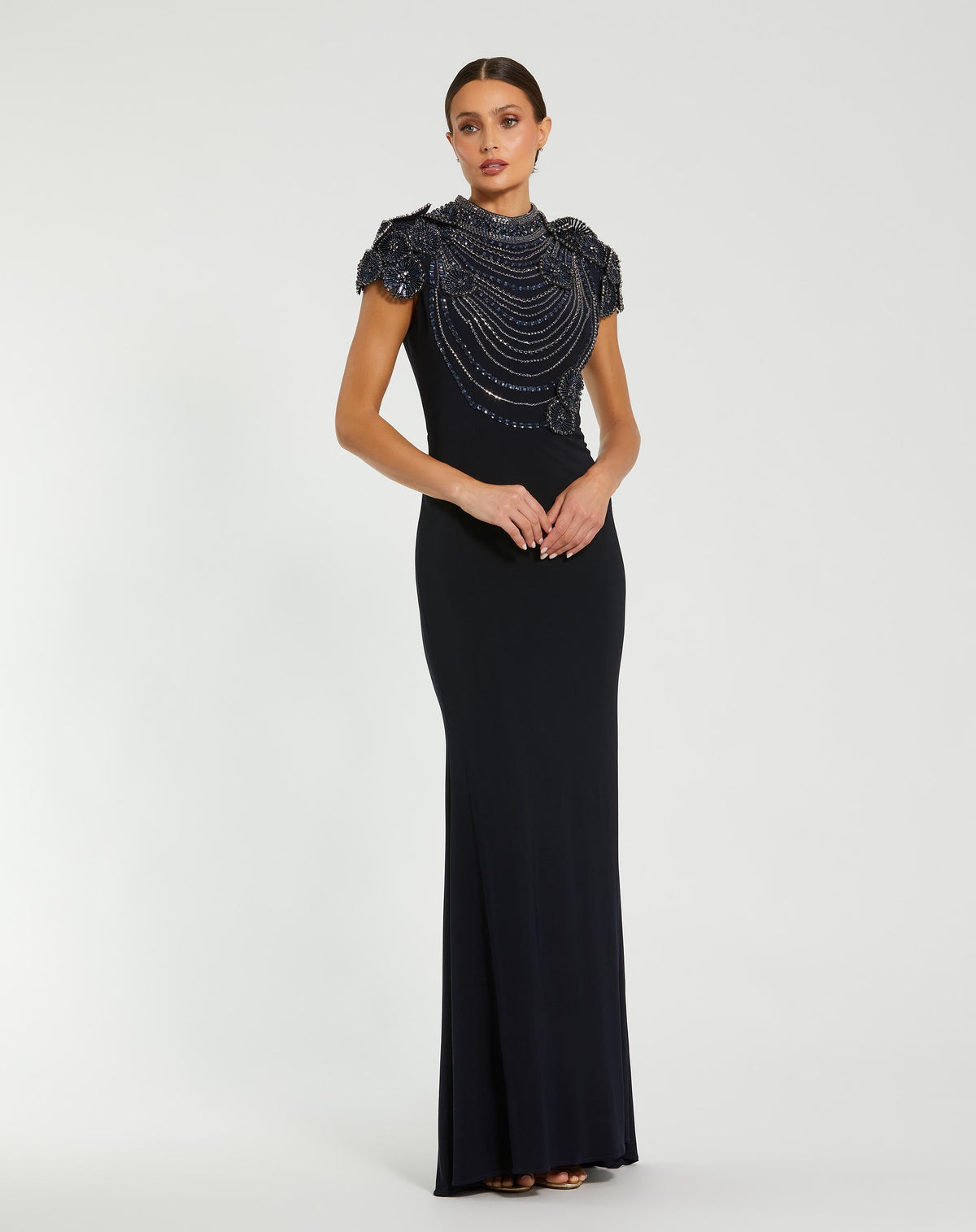 Mac Duggal #42055 midnight high neck embellished column gown