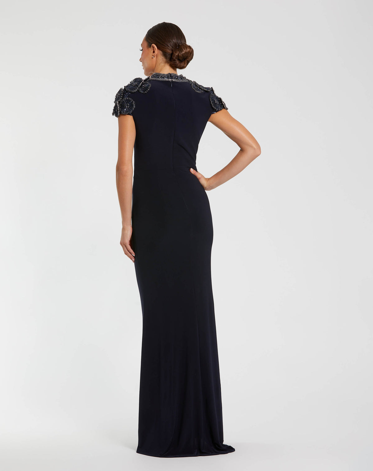 Mac Duggal #42055 midnight high neck embellished column gown back view