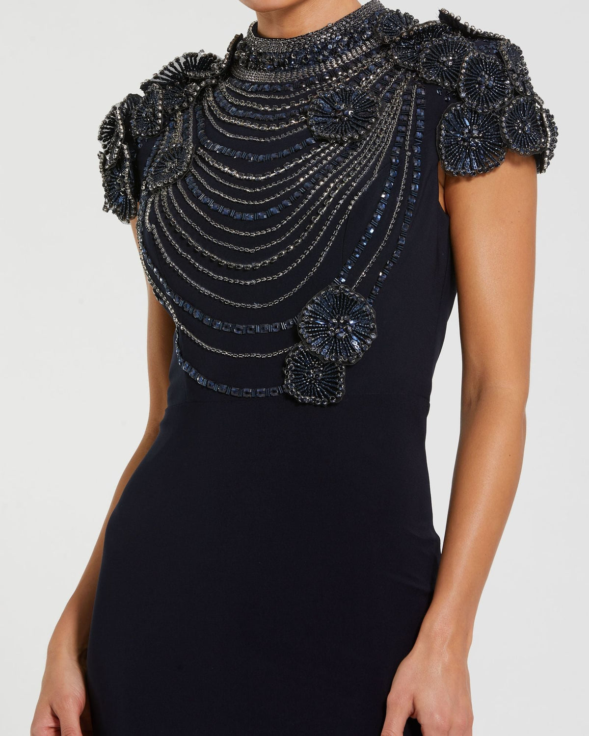 Mac Duggal #42055 midnight high neck embellished column gown close-up