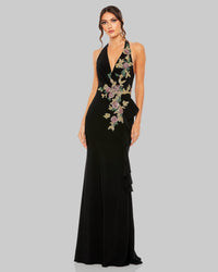 Mac Duggal #42056 Black halter floral embellished column gown