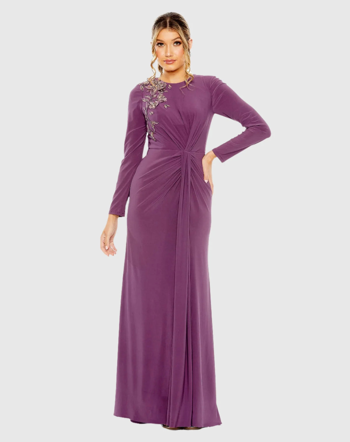 Mac Duggal, High neck long sleeve embellished gown, Purple #42106