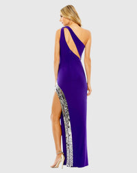 Asymmetric one shoulder cut out high slit gown - Purple