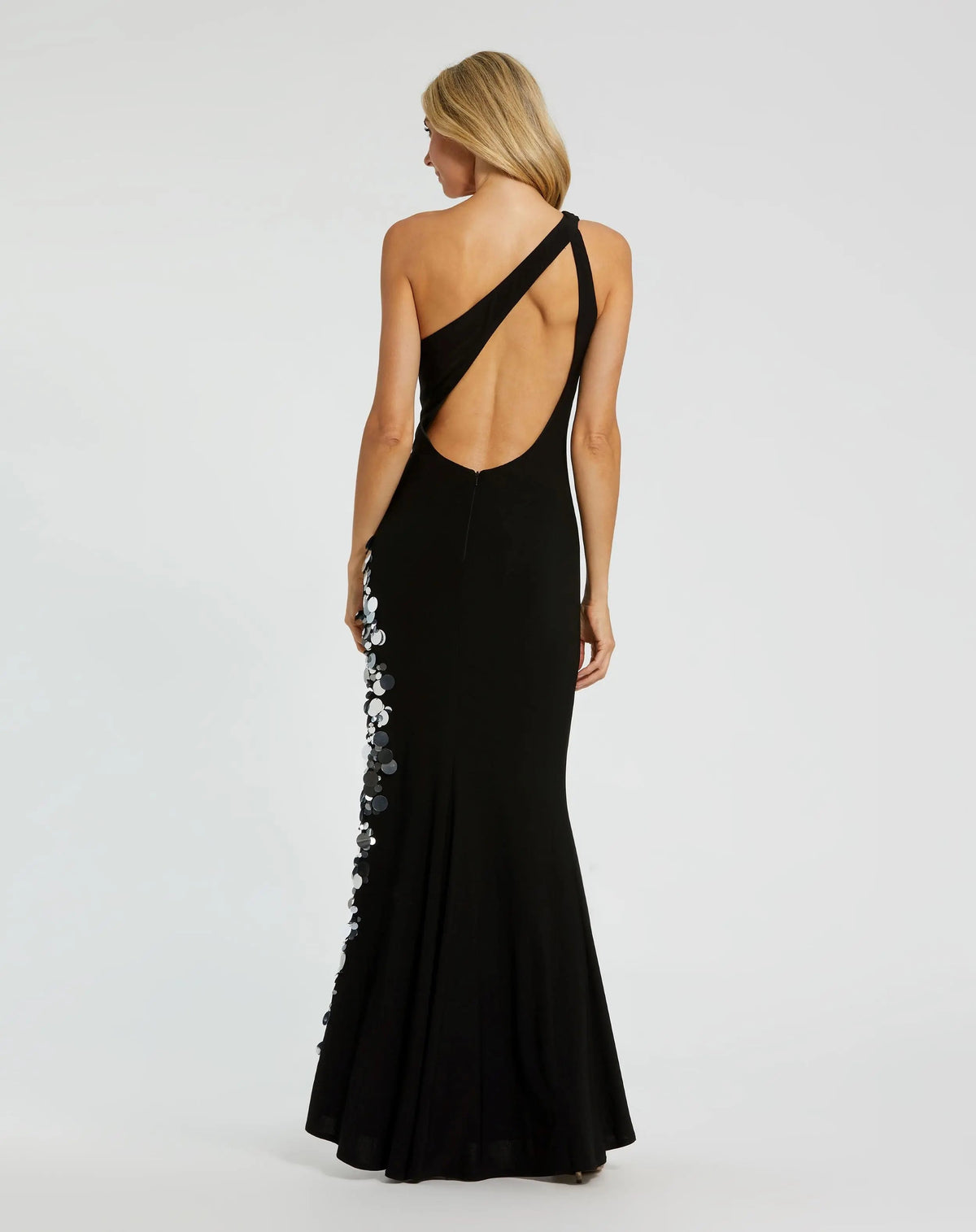 Mac Duggal #44037 black one shoulder keyhole gown with embellished slit