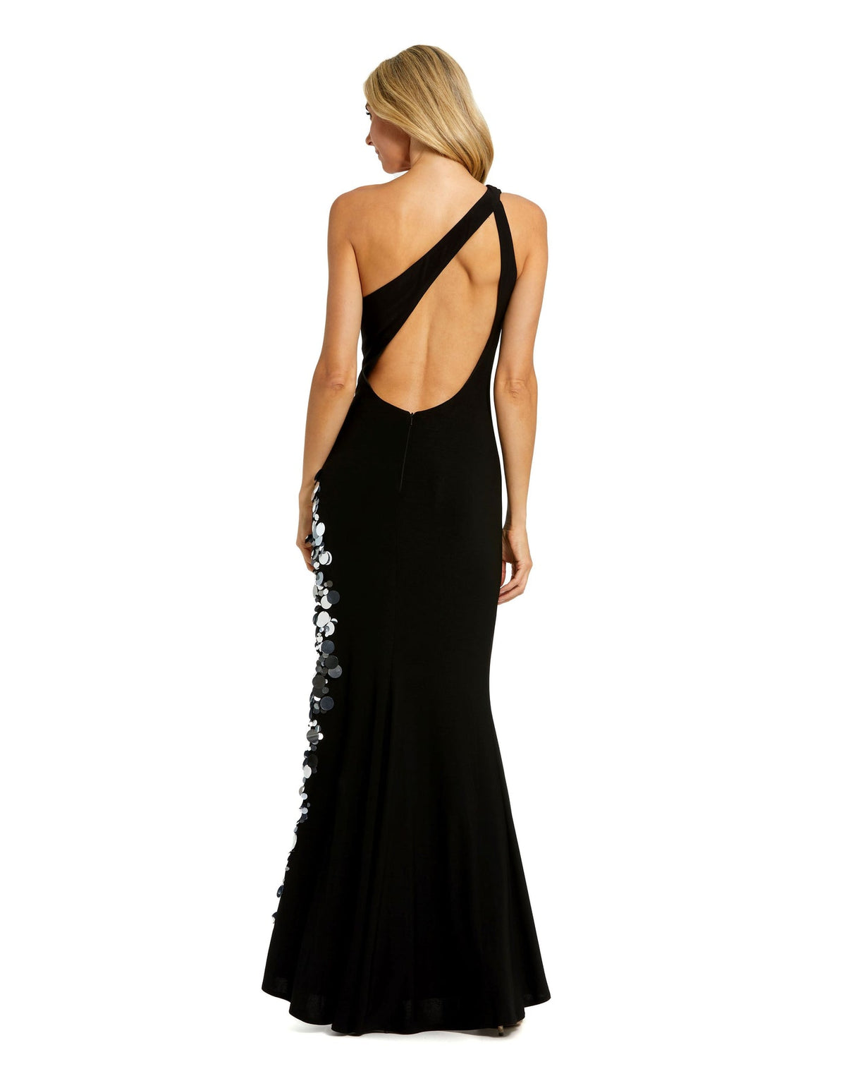 Mac Duggal, Asymmetric embellished thigh split gown - Black 44037 back view
