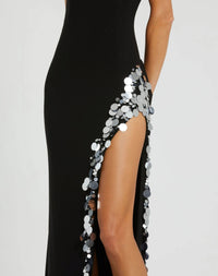 Mac Duggal #44037 black one shoulder keyhole gown with embellished slit