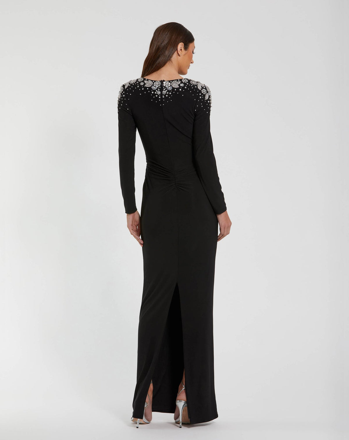 Jersey V Neck Faux Knot Gown With Beaded Shoulders - Black