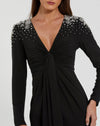 Jersey V Neck Faux Knot Gown With Beaded Shoulders - Black