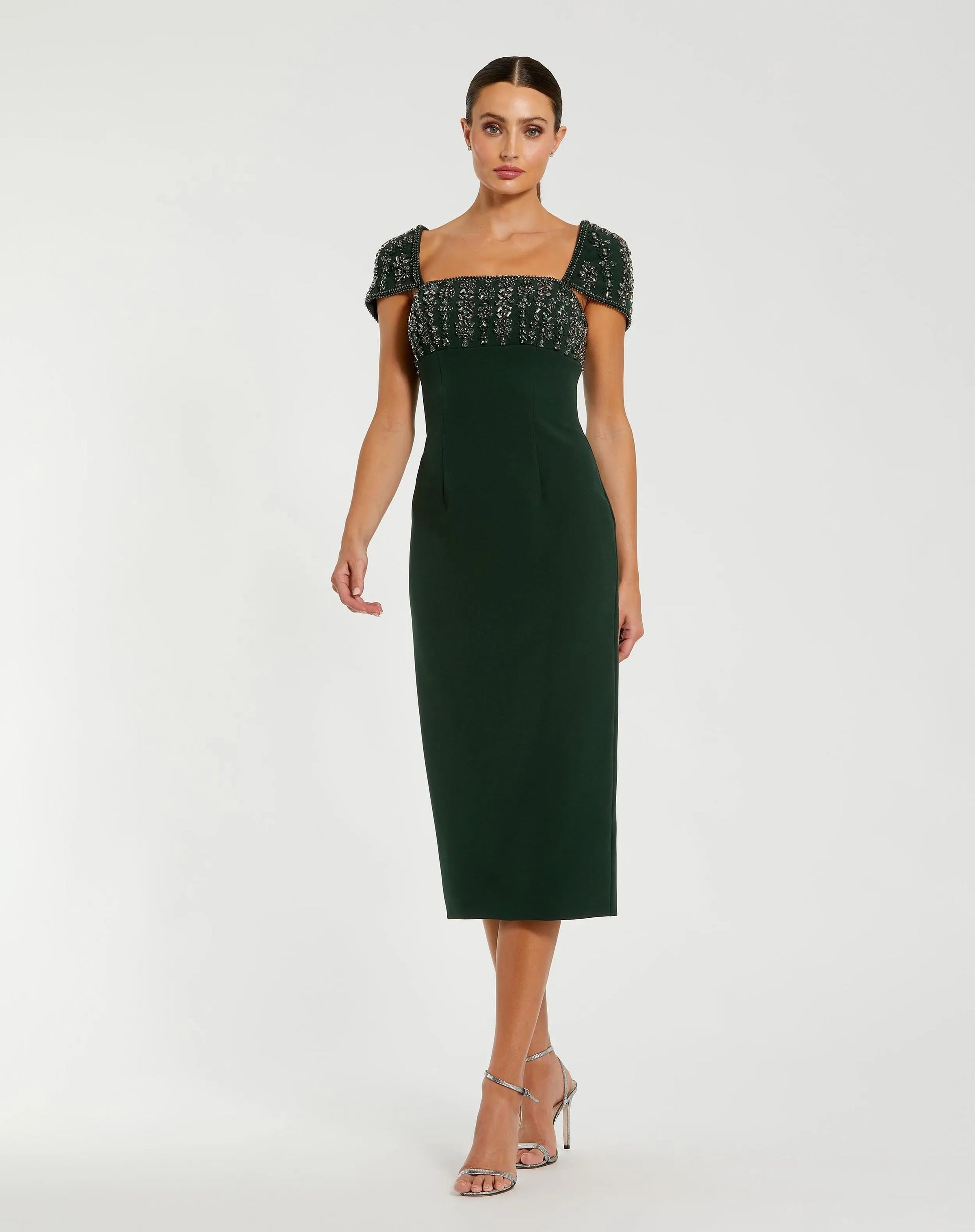 Mac Duggal #44080 dark emerald embellished cap sleeve crepe midi dress
