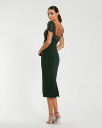 Mac Duggal #44080 dark emerald embellished cap sleeve crepe midi dress