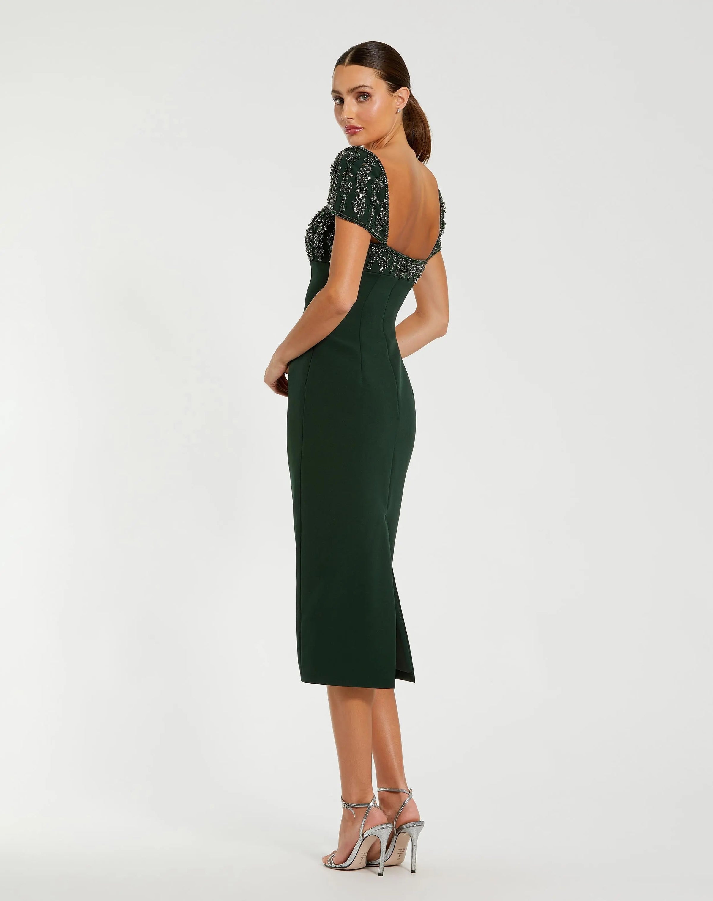 Mac Duggal #44080 dark emerald embellished cap sleeve crepe midi dress