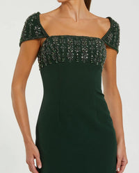 Mac Duggal #44080 dark emerald embellished cap sleeve crepe midi dress