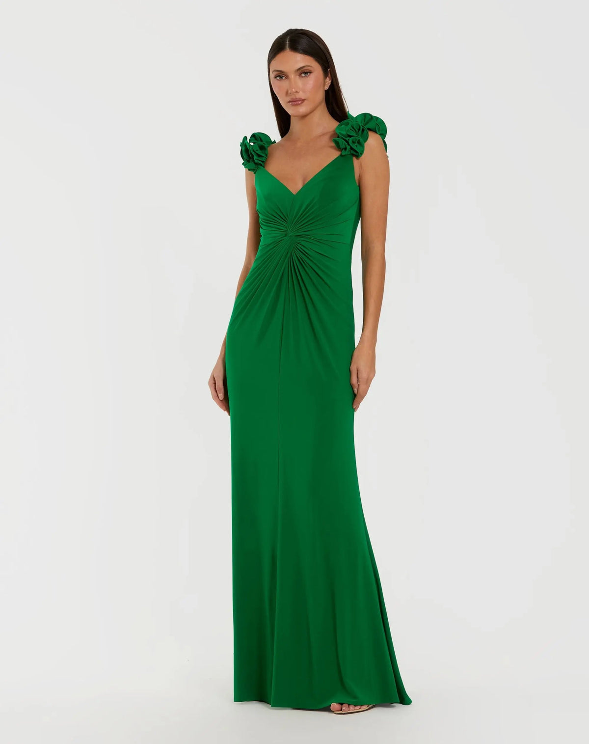 Mac Duggal 44094 Spring Green sleeveless V neck gown with ruffled straps - Front