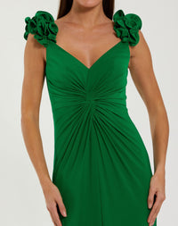 Mac Duggal 44094 Spring Green sleeveless V neck gown with ruffled straps - Close up detail