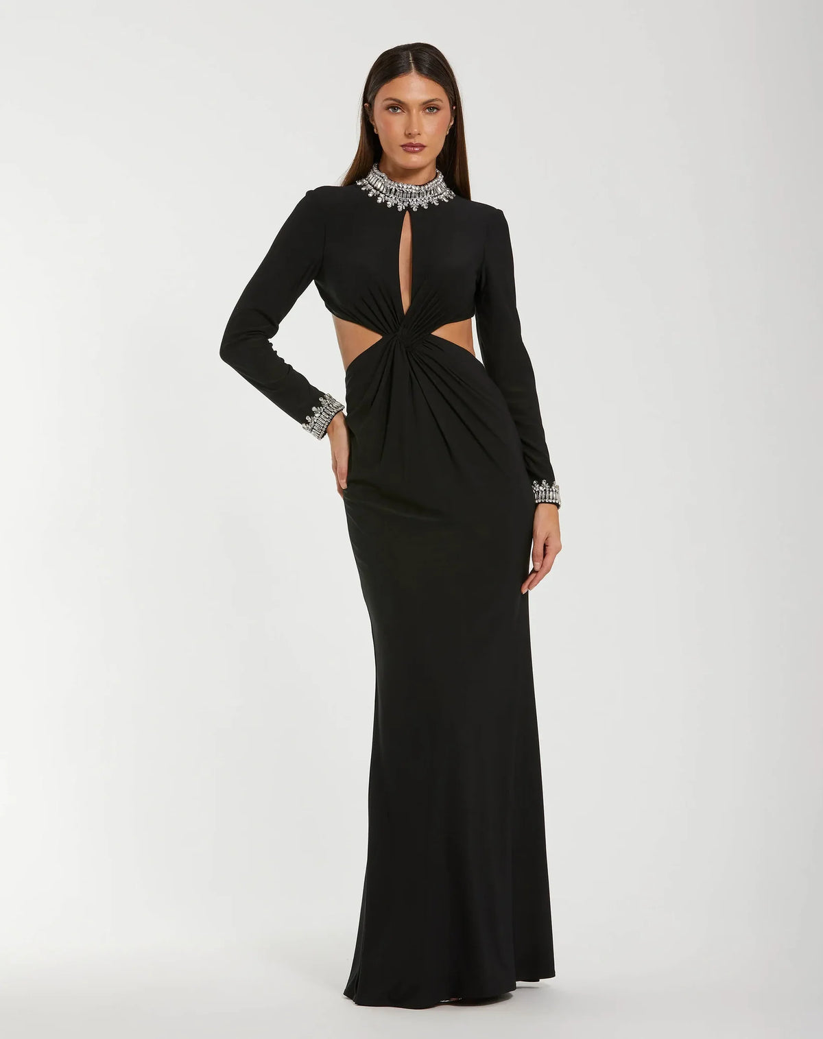 Mac Duggal Black Embellished Jersey Long Sleeve Cut Out Evening Gown #44155