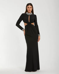 Mac Duggal Black Embellished Jersey Long Sleeve Cut Out Evening Gown #44155