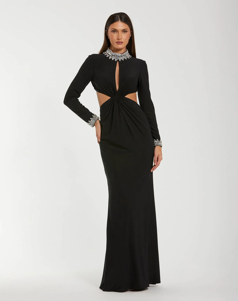 Mac Duggal Black Embellished Jersey Long Sleeve Cut Out Evening Gown #44155