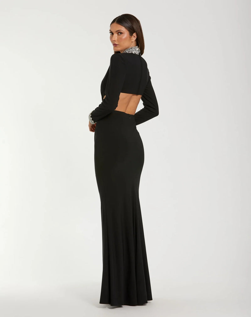 Mac Duggal Black Embellished Jersey Long Sleeve Cut Out Evening Gown #44155