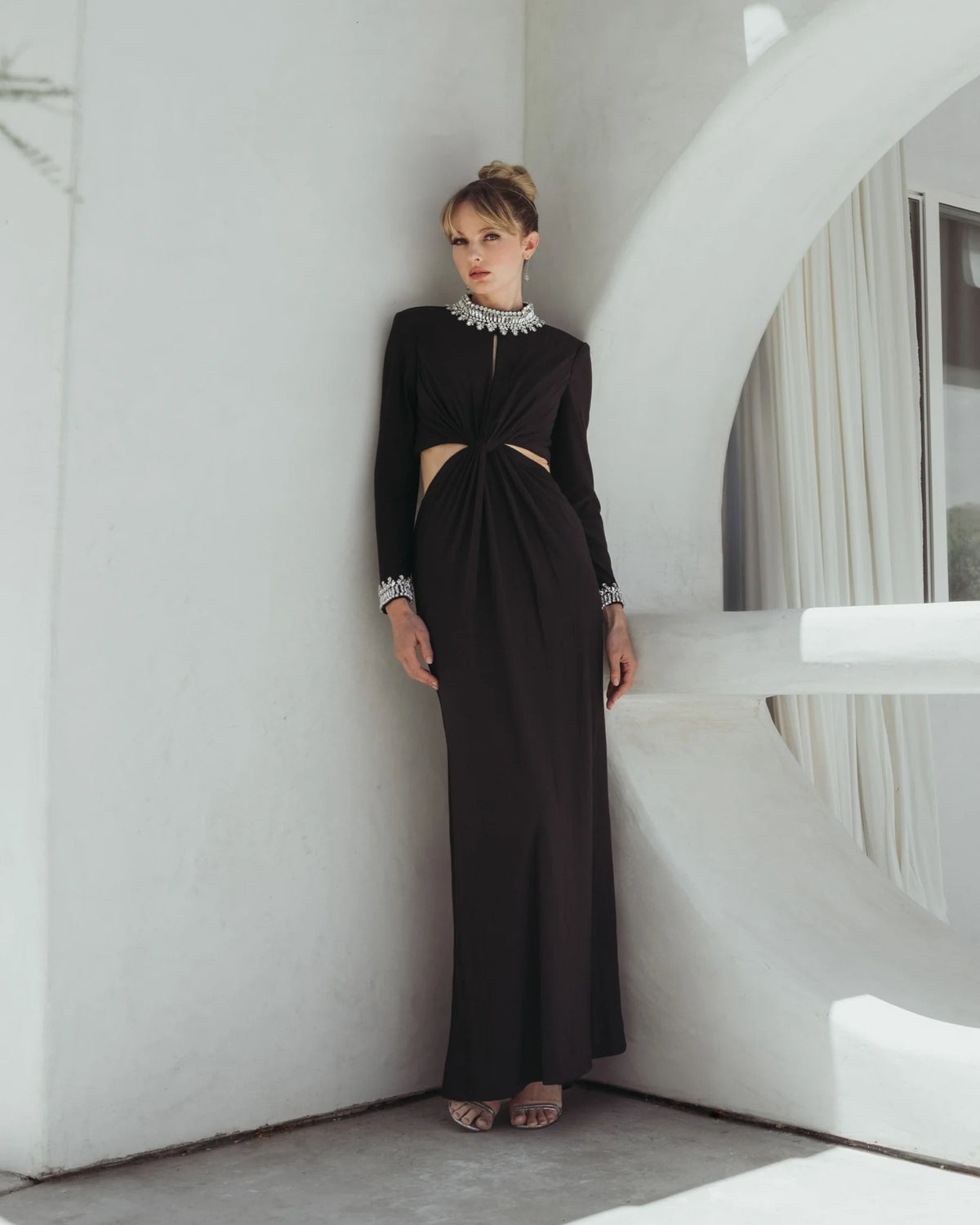 Mac Duggal Black Embellished Jersey Long Sleeve Cut Out Evening Gown #44155