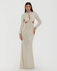 Mac Duggal #44168 nude silver long sleeve sequin cutout gown