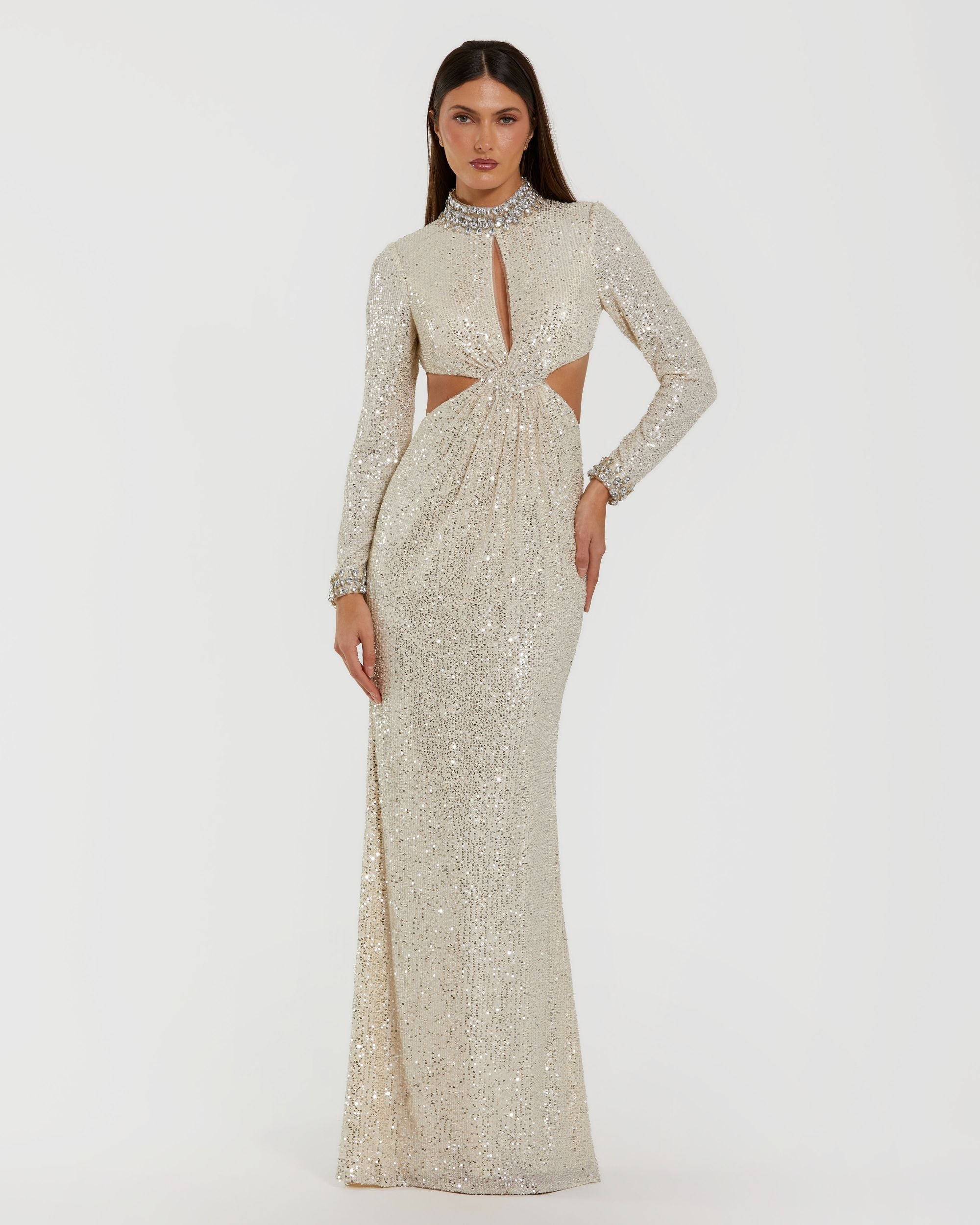Mac Duggal #44168 nude silver long sleeve sequin cutout gown