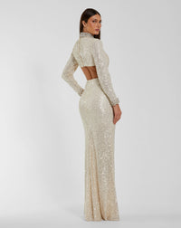 Mac Duggal #44168 nude silver sequin gown open back view