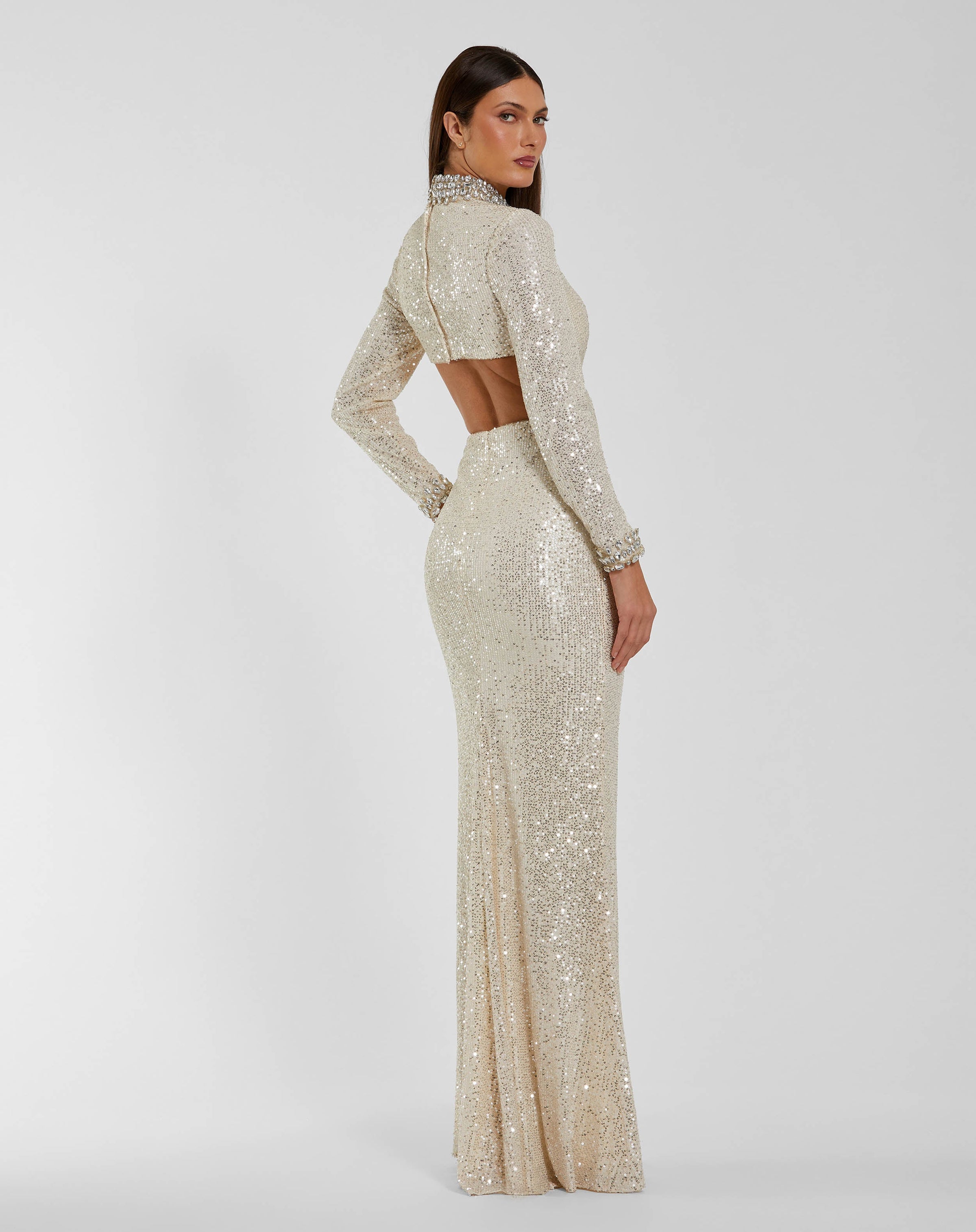 Mac Duggal #44168 nude silver sequin gown open back view