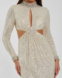 Mac Duggal #44168 nude silver sequin gown crystal neckline and cutout detail