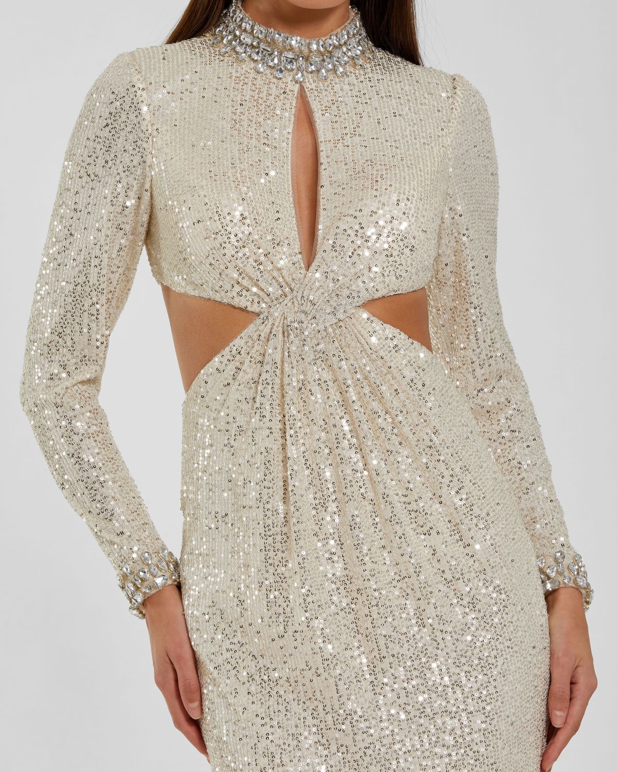 Mac Duggal #44168 nude silver sequin gown crystal neckline and cutout detail
