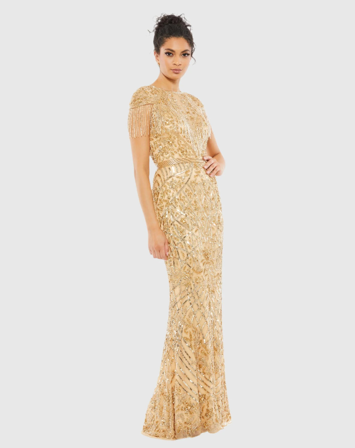 Mac Duggal Gold Embellished Fringe Cap Sleeve Trumpet Gown Gold High Neck #4715
