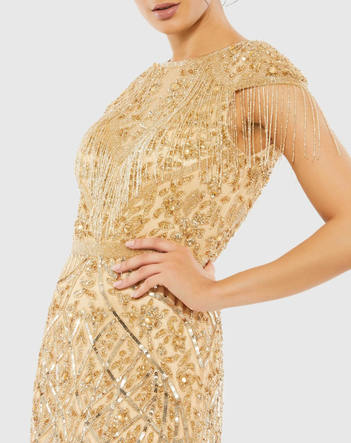 Embellished Fringe Cap Sleeve Trumpet Gown - Gold