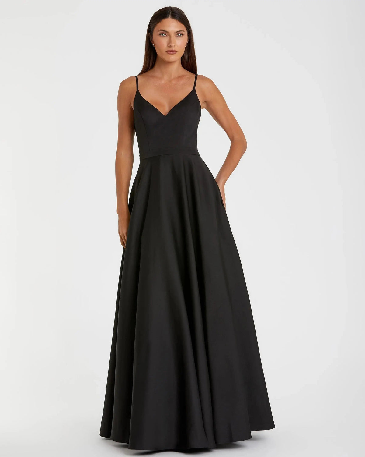 Mac Duggal #48855 black classic a-line v-neck ball gown