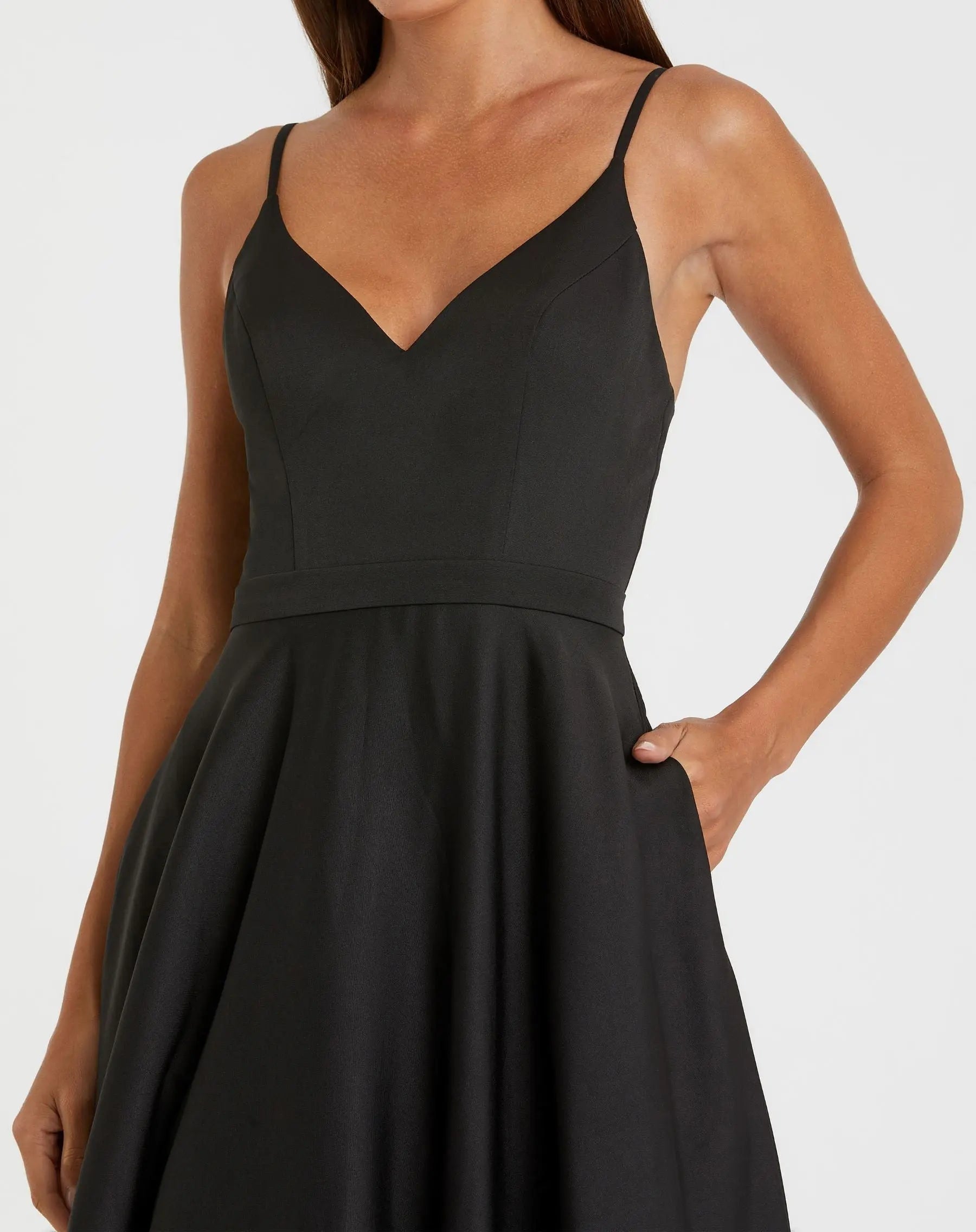 Mac Duggal #48855 black classic a-line v-neck ball gown