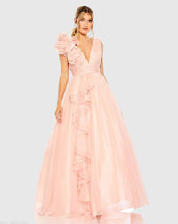 Mac Duggal #48856 blush ruffle shoulder v-neck chiffon gown