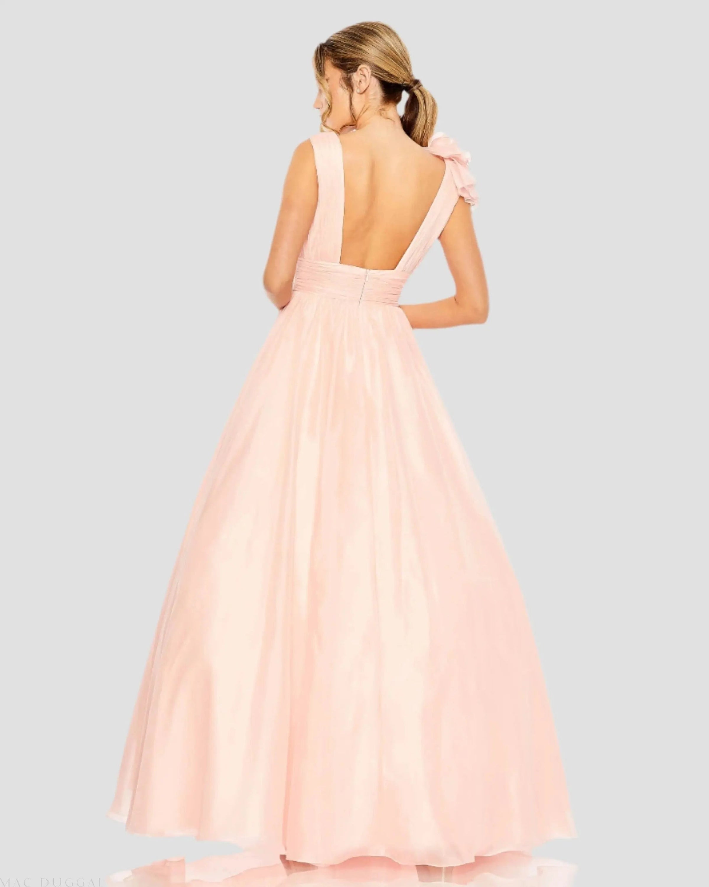 Mac Duggal #48856 blush ruffle shoulder v-neck chiffon gown
