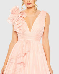 Mac Duggal #48856 blush ruffle shoulder v-neck chiffon gown