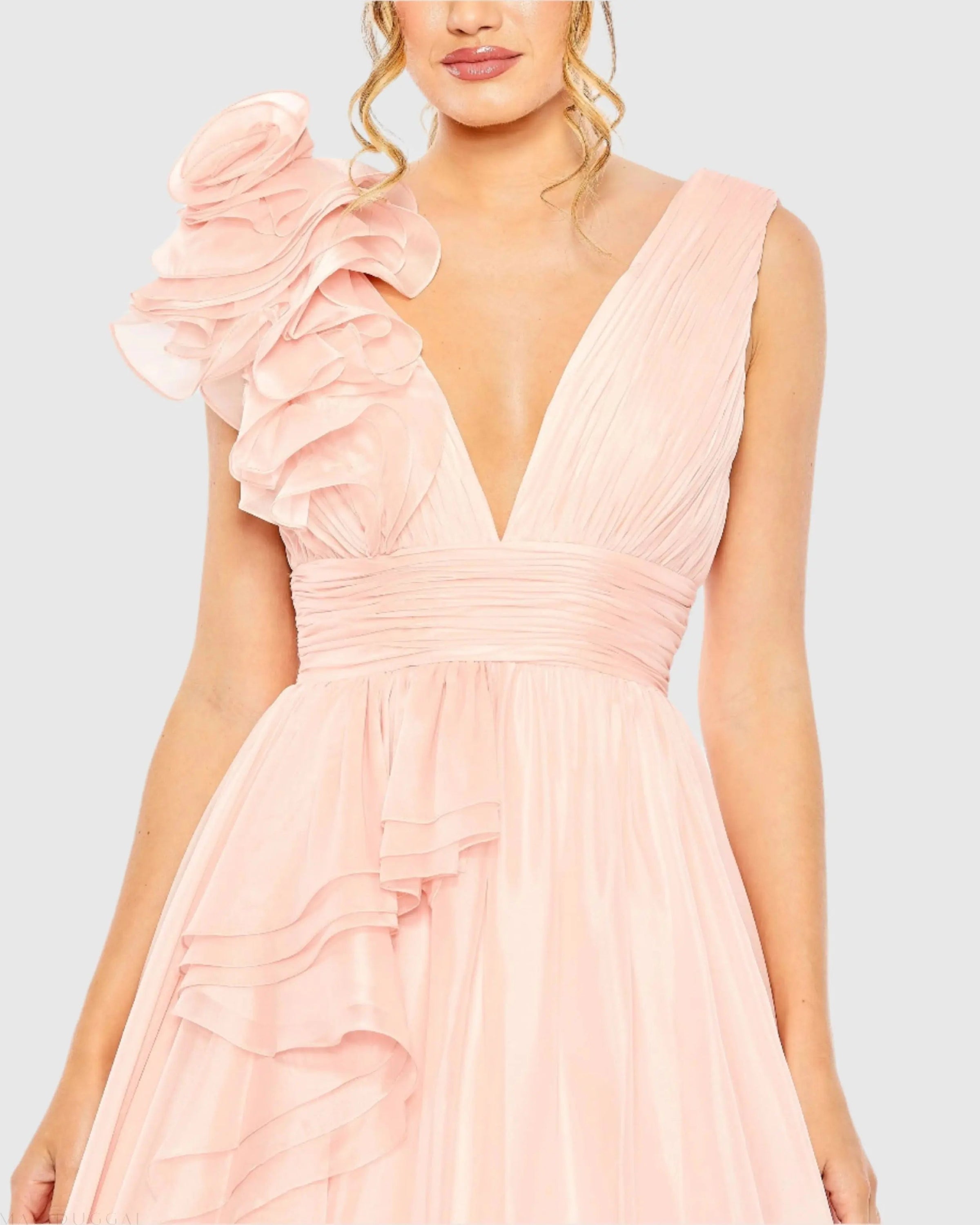 Mac Duggal #48856 blush ruffle shoulder v-neck chiffon gown