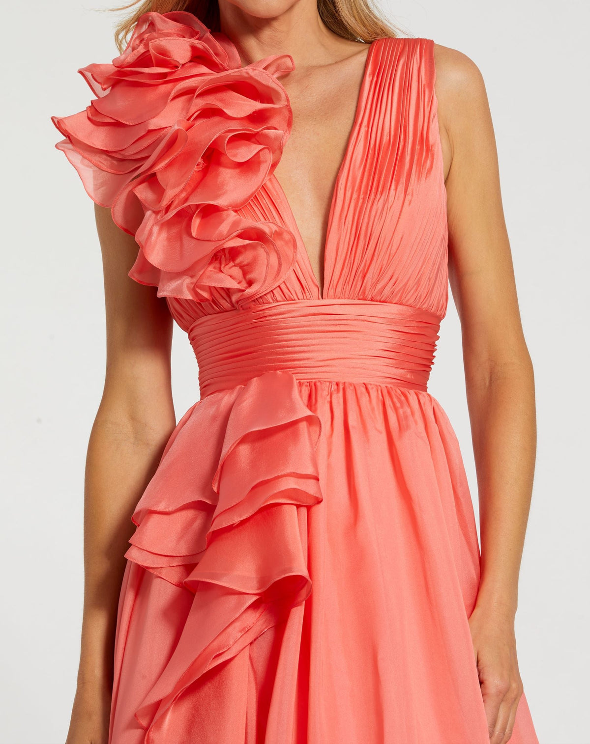Shoulder Detail Ruffle A Line Gown - Coral