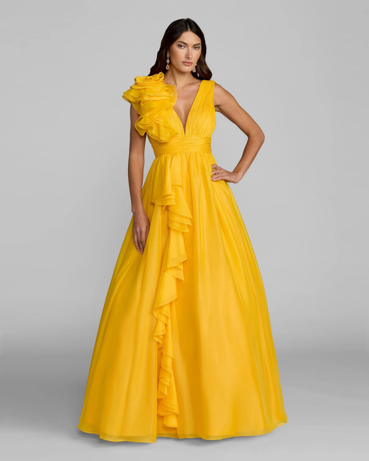 Mac Duggal #48856 marigold ruffle shoulder v-neck chiffon gown