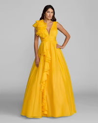 Mac Duggal #48856 marigold ruffle shoulder v-neck chiffon gown